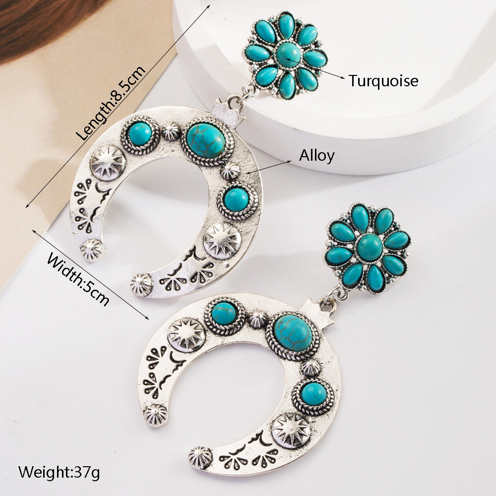 Wholesale Bohemian ethnic style turquoise milk grain leather diamond hollow earrings